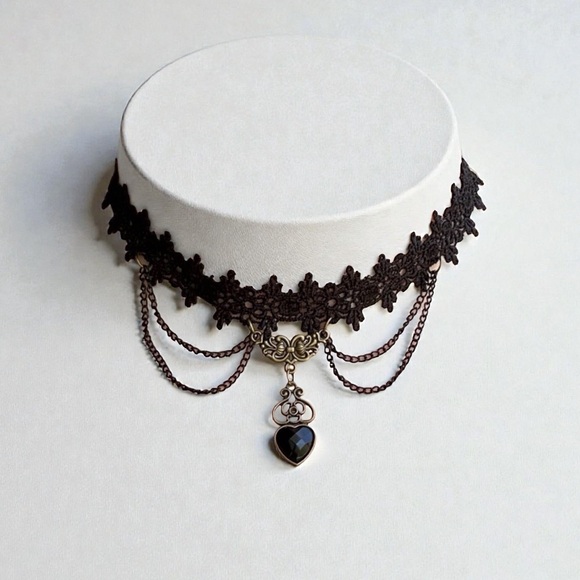 Jewelry - Black Lace Gothic Choker with Heart Pendant & Chain Layers